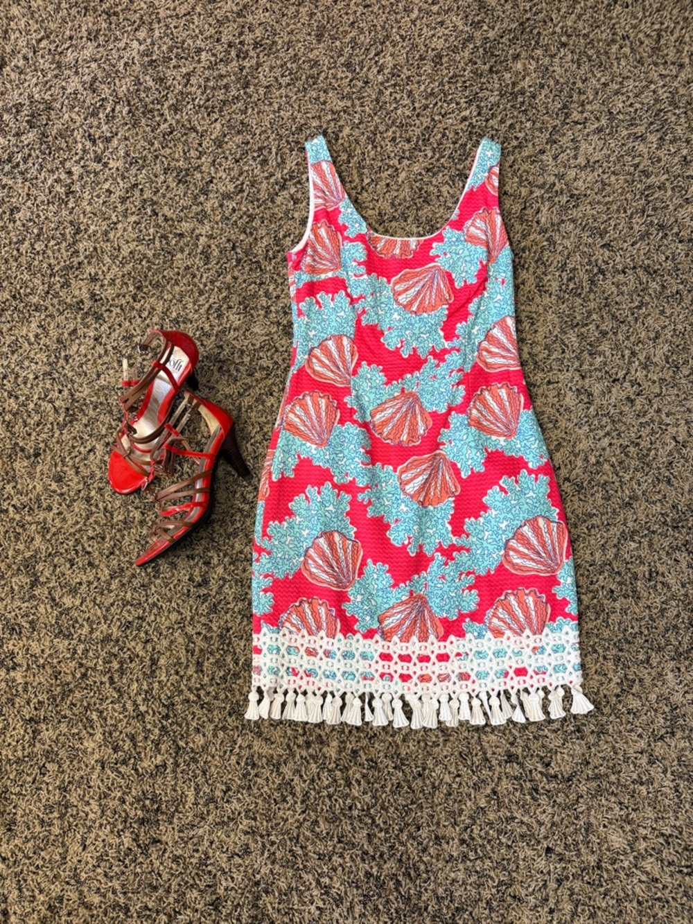 Lilly Pulitzer Coral & Aqua Shell-Print Mini Dress with Tassel Hem NWOT